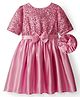 Hola Bonita Woven Half Sleeves Party Dress with Sequins & Bow Applique - Rose Gold