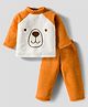 Babyhug Velour Knit Full Raglan Sleeves Winter Wear Night Suit With Face Embroidery - Brown &  White