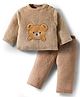 Babyhug Velour Knit Full Sleeves Winterwear Night Suit With Animal Embriodery - Beige