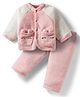 Babyhug Velour Knit Full Raglan Sleeves Winterwear Night Suit With Ear Applique & Pockets - Pink & White