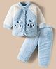 Babyhug Velour Knit Front Open Full Sleeves Night Suit with Animal Applique - White & Light Blue