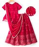 Pine Kids Woven Half Sleeves Choli Lehenga & Dupatta Set With Floral & Mirror Embroidery - Dark Pink