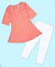 Kiddopanti Rayon Woven Three Fourth Sleeves Bandhani Printed  Floral Lace Embellished Kurti & Legging Set  - Pink & White