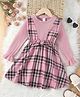 tior Woven Full Peasant Sleeves Checked & Bow Applique Detailed Dress - Pink