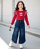 OLLINGTON ST. 100% Cotton Knit Full Sleeves Text Printed Top & Stretchable Denim Pant Set - Red & Blue