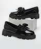Shoetopia Bow Applique Detailed & Gloss Finish Platform Loafers - Black