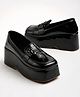 Shoetopia Glossy Finish Platform Heeled Loafers - Black
