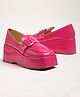 Shoetopia Glossy Finish Platform Heeled Loafers - Pink