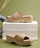 Shoetopia Gold Trim Detailed Wedge Slide Sandals - Beige
