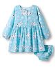 Doodle Poodle 100% Cotton Knit Full Sleeves Frock With Bunny & Floral Print & Bloomer - Turquoise