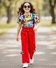 Ollington St. 100% Cotton Half  Drop Shoulder Sleeves Printed Top & Knit Culotte Set - Multicolor & Red