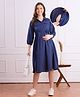 Bella Mama Woven Three Fourth Sleeves Maternity Solid Color Shirt Dress - Navy Blue