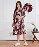 Bella Mama Woven Three Fourth Sleeves Maternity Dress With Big Floral Print - Wine
