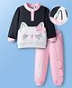 Mark & Mia Cotton Full Sleeves Top & Joggers Set With Cat & Bow Applique - Pink & Black