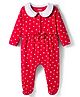 Babyhug Cotton Knit Full Sleeves Footed Sleep Suit with Heart Print & Bow Applique - Red