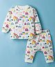 First Smile Interlock Knit Full Sleeves Co-ords Night Suit With Vehicle Print - Cream