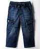 Ruff Woven Full Length Straight Fit Washed Denim Cargo Jeans with Pocket - Navy Blue