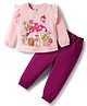 Doodle Poodle 100% Cotton Knit Full Sleeves Printed Top and Joggers Set With Mushroom Print - Baby Pink & Maroon
