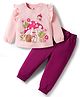 Doodle Poodle 100% Cotton Knit Full Sleeves Printed Top and Joggers Set With Mushroom Print - Baby Pink & Maroon