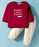 First Smile Interlock Full Sleeves T-Shirt & Joggers Set with Mamas Lucky Charm Text Print - Maroon & Beige