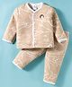 Ollypop Fleece Knit Full Sleeves Front Open Co-Ord Winter Nightsuit With Animal Patch & Abstract Print - Tan