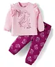 Doodle Poodle 100% Cotton Knit Full Sleeves T-Shirt & Lounge Pant Set With Unicorn Print - Baby Pink