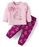 Doodle Poodle 100% Cotton Knit Full Sleeves T-Shirt & Lounge Pant Set With Unicorn Print - Baby Pink