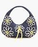 Boho girl Daisy Dream Crescent Canvas Tote Handbag with Floral Appliqué and Beaded Tassel  Navy Blue