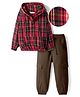 OLLINGTON ST. Cotton Woven Fleece Full Sleeves Hooded Shirt With Checks & Twill Joggers Set - Red & Brown