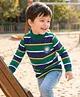 Babyhug Knit Full Sleeves Turtle Neck Winter T-Shirt with Stripes & Animal Patch - Dark Green & Navy Blue