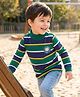 Babyhug Knit Full Sleeves Turtle Neck Winter T-Shirt with Stripes & Animal Patch - Dark Green & Navy Blue