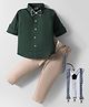 Rikidoos Full Sleeves Textured Shirt Pant With Bow & Suspender Set - Green & Fawn