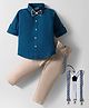 Rikidoos Full Sleeves Textured Shirt Pant With Bow & Suspender Set - Blue & Fawn