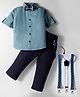 Rikidoos Full Sleeves Textured Shirt Pant With Bow & Suspender Set - Sea Green & Navy Blue