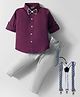 Rikidoos Full Sleeves Textured Shirt Pant With Bow & Suspender Set - Wine & Grey