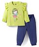 Doodle Poodle 100% Cotton Knit Full Sleeves Top & Joggers Set with Frill Detailing & Fairy Print - Limegreen & Navy Blue