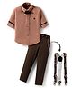 Rikidoos Full Sleeves Textured Shirt & Pant With Suspender & Bow Set - Dark Peach & Coffee