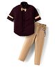 Rikidoos Full Sleeves Textured Shirt & Pant With Suspender & Bow Set - Coffee & Beige