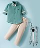 Rikidoos Full Sleeves Textured Shirt & Pant With Suspender & Bow Set - Light Green & Beige