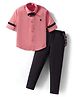 Rikidoos Full Sleeves Textured Shirt & Pant With Suspender & Bow Set - Pink & Dark Grey