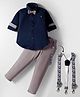 Rikidoos Full Sleeves Textured Shirt & Pant With Suspender & Bow Set - Navy Blue & Grey