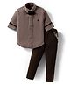 Rikidoos Full Sleeves Textured Shirt & Pant With Suspender & Bow Set - Khaki & Brown