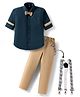 Rikidoos Full Sleeves Textured Shirt & Pant With Suspender & Bow Set - Peacock & Fawn