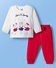 Doodle Poodle 100% Cotton Knit Full Sleeves  Top & Lounge Pant Set with Bow Applique & Glitter Print - Red & White