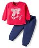 Doodle Poodle 100% Cotton Knit Full Sleeves Top and Joggers Set With Bow Print - Red & Navy Blue
