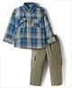 Rikidoos Full Sleeves Checked Shirt & Pant Set - Blue & Olive Green