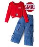 OLLINGTON ST.  Cotton-Lycra Full Sleeves Printed Top & Denim Pant Set - Red & Blue