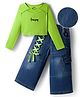 OLLINGTON ST. Cotton-Lycra Full Sleeves Printed Top & Denim Pant Set - Lime & Blue