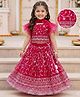 Babyhug Net Woven Frill Sleeves Choli Lehenga & Dupatta Set With Floral Embriodery - Dark Pink