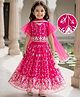 Babyhug Net Woven Frill Sleeves Choli Lehenga & Dupatta Set With Floral Embriodery - Fuschia